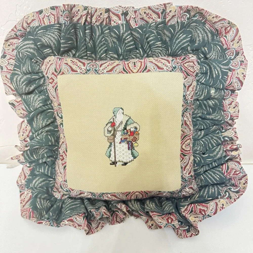 Vintage Handmade Cross Stitch Christmas‎ Pillow Santa Claus Ruffled Trim